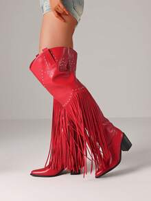 Women's Fringe Pointed Toe Thigh High Western Cowboy Boots Fashion Rivet Chunky High Heels Side Zipper Vintage Over The Knee Cowgril Boots For Woman - 紅色 - 查看 5