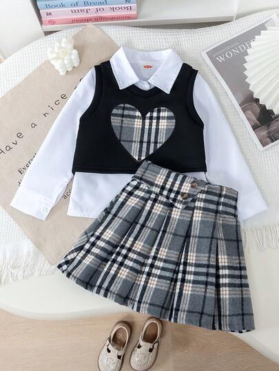3 件套女孩时尚休闲纯色衬衫 + 格子心形背心 + 格子裙套装