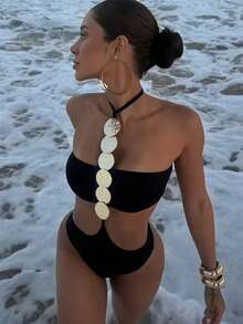 1 件女式性感亮片装饰露背连体泳衣