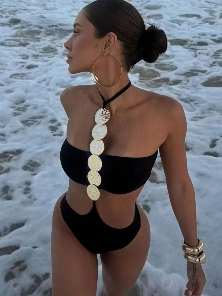 1 件女式性感亮片装饰露背连体泳衣