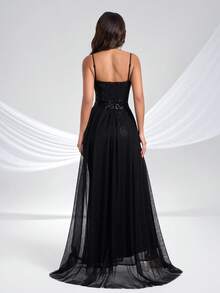 YISIKADO Đầm dạ hội nữ đính sequin và đá quý, xẻ cao đến đùi, dây mảnh, thích hợp cho các buổi dạ tiệc, đám cưới, lễ hội. - màu đen - Xem 3