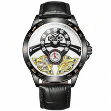 Reloj de hombre ONOLA de diseño de lujo casual con caja dorada, correa de cuero marrón, reloj mecánico de esqueleto de marca de lujo con doble rueda volante en el dial