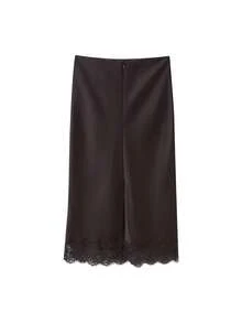 Women Fashion Lace Splicing Skirt Satin Split Hem Midi Skirts Woman Chic Elegant Party Lady Sexy Skirt - Chocolate Brown - View 10