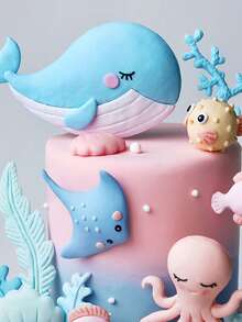 1件海洋主题蛋糕装饰摆件，海洋世界主题装饰，包含章鱼、刺豚、鲨鱼、鲸鱼、海藻、螃蟹、珊瑚等装饰配件，适用于婴儿派对和生日蛋糕装饰。非玩具。仅限派对使用。 - 彩色 - 查看 9