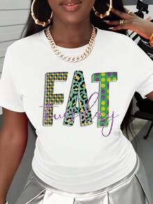 Fat Tuesday Mardi Gras Theme Graphic T Shirt Women's Casual Fashion Top Colorful Pattern Design Streetwear Style - 白色 - 查看 2