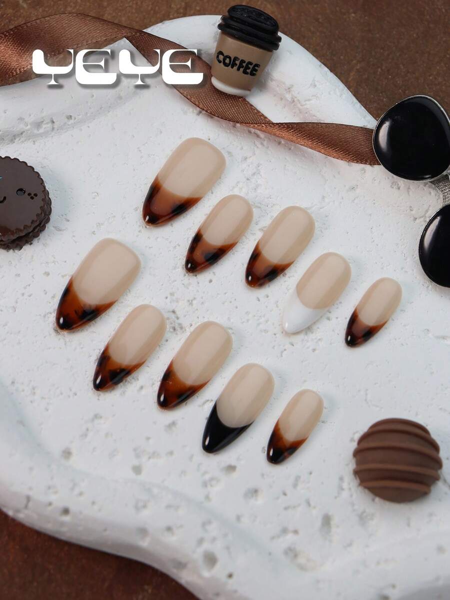 10 piezas de uñas postizas otoñales, elegantes puntas francesas ámbar, de aspecto natural y minimalista nórdico, de cobertura completa en forma de almendra, estilo europeo hecho a mano, succinita negro y blanco, kit de uñas acrílicas de estampado clásico de leopardo ámbar para uso diario de mujeres y niñas, incluye 1 lima de uñas mini y 1 hoja de pegatinas adhesivas, adecuado para uso diario, ocio, vacaciones, trabajo, festividades, imprescindible en otoño e invierno, el mejor regalo para mujeres y niñas - Marrón - Ver 1