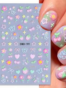 2 Sheets Sweet Element 3D Matte Nail Art Stickers - Kawaii Cherry Strawberry Star Heart Bow Butterfly Floral Designs, Self-Adhesive Plastic Decals For Women & Girls, Y2K Style Manicure & Pedicure Decorations, Easy Apply Decals, Nail Stickers - 彩色 - 查看 3