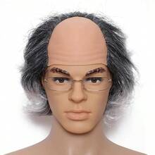 Short Curly Old Man Bald Cap Wig Mad Gray Scientist Synthetic Balding Halloween Anime Cosplay Costume Wigs Grey - 灰色 - 查看 2