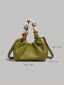 Women's Luxe Green Beaded Pleated Handbag – Elegant Ruched Faux Leather Crossbody/Shoulder Bag, Unique Multicolor Bead Handle Hobo Purse, Ideal For Daily Fashion, Dating, Shopping Trips, Brunch & Weekend Gatherings,  Accessory With Spacious Interior - 彩色 - 查看 10