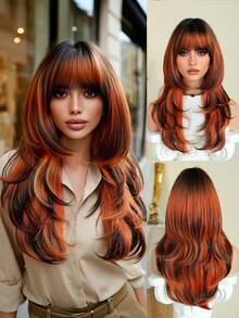 7JHH WIGS Glam 24-Inch Flame Orange Black Ombre Long Layered Wig With Bangs For Women, Dark Roots Soft Heat-Resistant Fiber Full Machine Synthetic Straight Hair Wigs For Party Cosplay Halloween Wear, Music Festivals Celebrations Use - 橘色 - 查看 2
