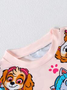 Paw Patrol 两件套汪汪队女孩套装，儿童睡衣家居服，可爱狗狗卡通印花粉色圆领长袖T恤和抽绳裤，适合日常、居家、度假、圣诞礼物 - 淺粉色 - 查看 3