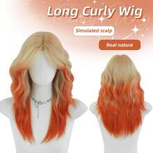 Peluca de 20 pulgadas con degradado de púrpura a amarillo y naranja, con ondas esponjosas y flequillo, de fibra sintética, para uso en festivales de música, fiestas, Halloween y disfraces, accesorio de moda versátil - Naranja - Ver 11