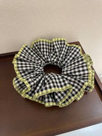 1个四层黑色格子布大号发圈，法式浪漫发髻/马尾辫发饰，适合日常使用，发绳，发圈，头饰，弹性发带，美妆家居发饰，节日配饰