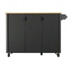 Kitchen Island, Dining Room Trolley With Wood Finish, Sideboard, 130 X 45 (75) X 92 Cm, Extendable Kitchen Trolley On Casters With Towel Rack, Spice Rack, Adjustable Dividers, 3 Doors, White/Black - Black - View 7