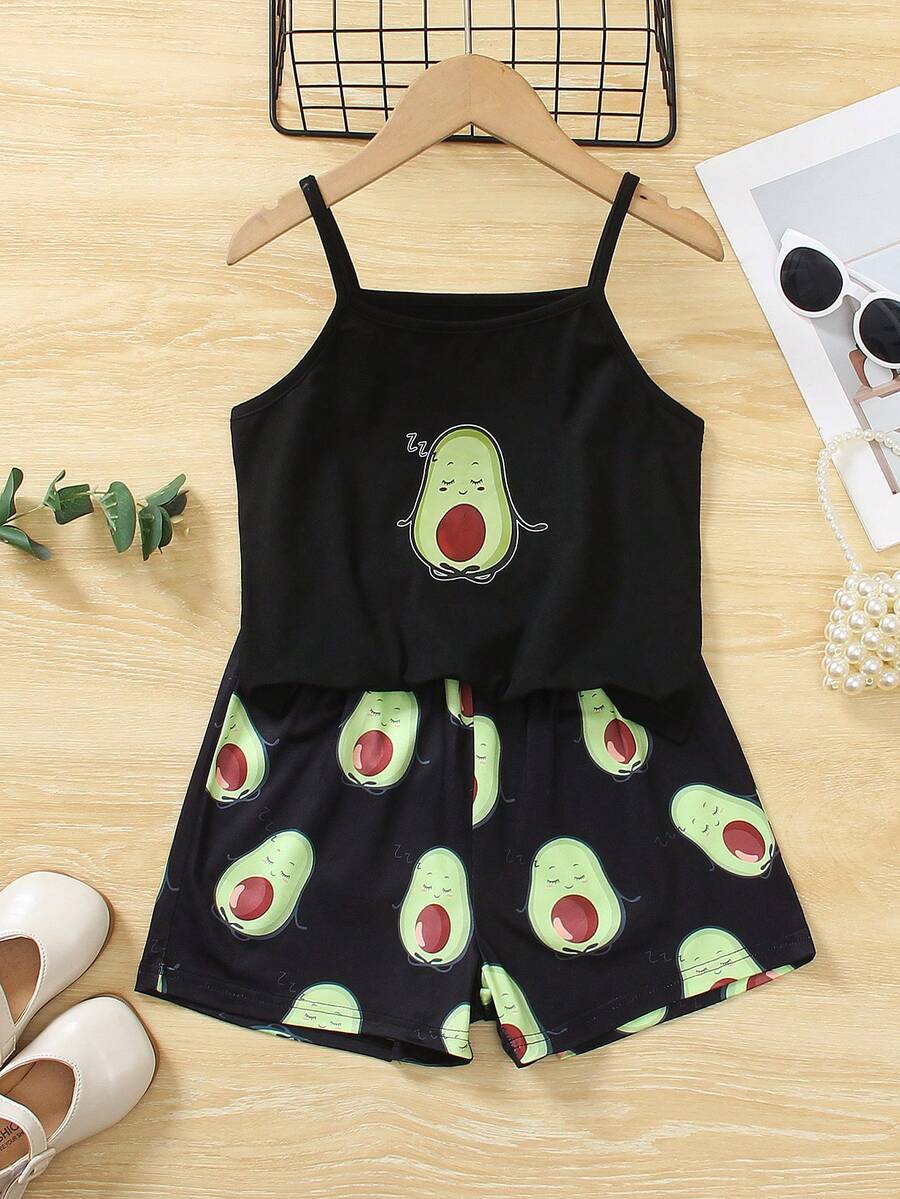 Tween Girl/Teens Cute Avocado Print Sleeveless Top And Shorts 2 Pieces Set, Summer - Black - View 1