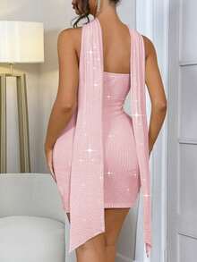 Unadoll 女士性感无肩带紧身连衣裙，饰有围巾，适合鸡尾酒会、生日、毕业典礼、音乐节、情人节、派对及其他场合，粉色系，春季款 - 粉色 - 查看 3