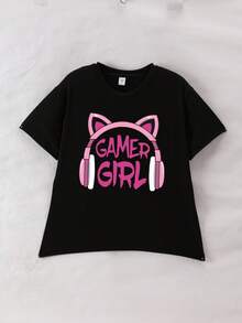 Girls Short Sleeve T-Shirt, Letter & Headphone Print, Casual & Fashionable Style, Girls Clothing, Children Apparel - Black - View 2