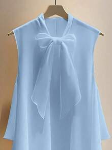 大码女式纯色休闲无袖上衣，前短后长，带蝴蝶结领，优雅百搭的夏季单品