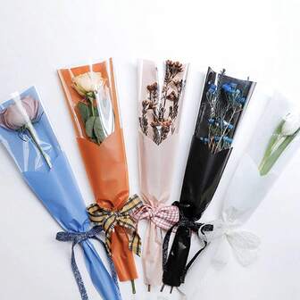 50pcs Tulip Flower Gift Bags, Polypropylene Floral Packaging, Assorted Transparent Glass Paper Colors (White, Black, Blue, Pink, Orange-Brown) Suitable For Valentine's Day, Weddings And Events