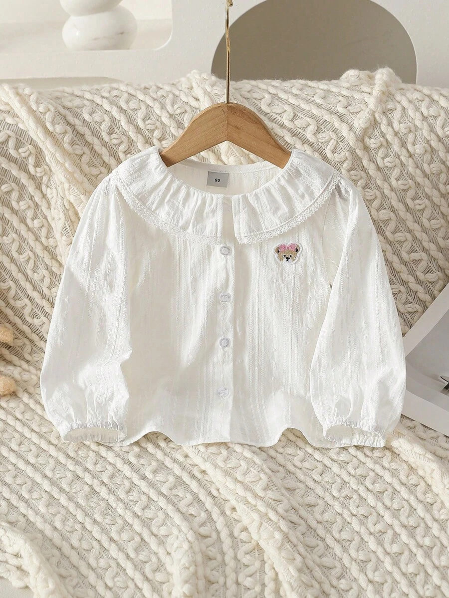 女童春季长袖翻领学院风薄款白衬衫 - 白色 - 查看 1