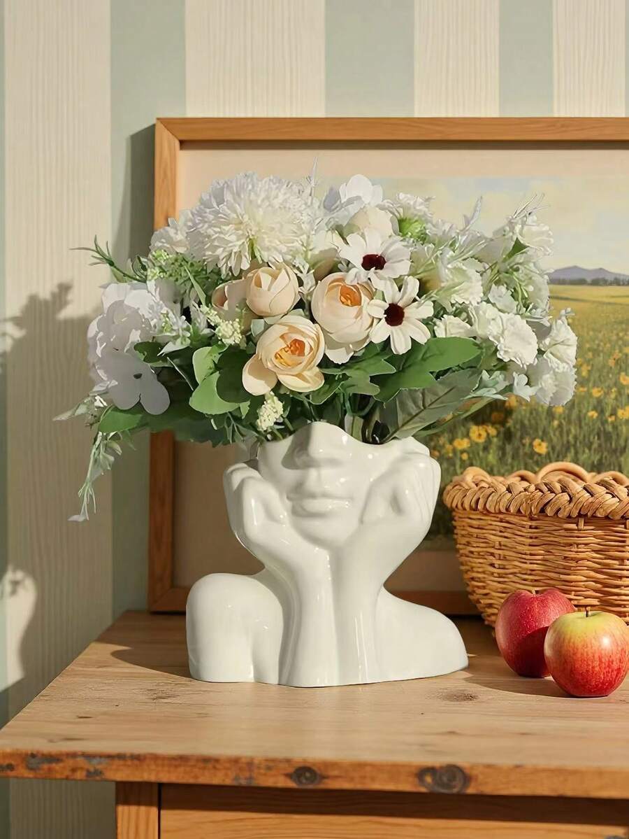 Vaso Escultura Mãos Simbólicas - Porta-Flores em Resina com Aparência de Cerâmica para Decoração de Altar Doméstico/Casamento na Primavera, Centro de Mesa de Arte Moderna em Branco Creme com Girassóis e Raios de Junco (Presente de Esperança para a Páscoa/Dia das Mães) - Multicolorido - Ver 1