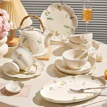 Delicate Daisy Ceramic Bowl & Plate Tableware Set, Home Use Rice Bowl, Soup Bowl, Vegetable Plate, Fish Plate, Embossed Dining Ware - Multicolor - View 1