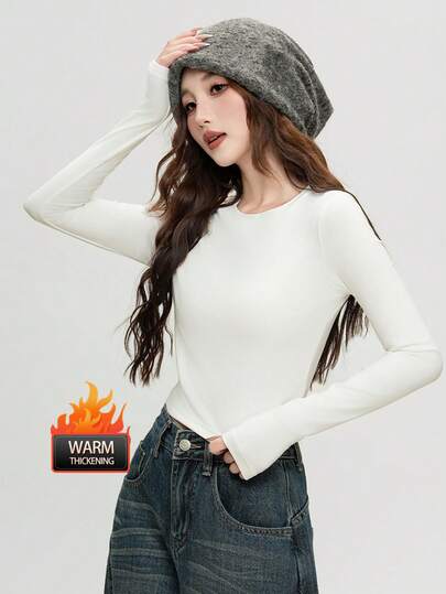 2-Sided Fleece Cropped Preppy Style Outdoor Base Layer Shirt, Thick & Warm, Round Neck Long Sleeve Top For Women, Winter 2025