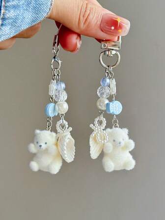 1pc Unisex Cartoon Flocked Small White Bear Keychain, Cute Shell Small Accessory, Student Personalized Phone Case Bag Pendant, Suitable For Daily Use