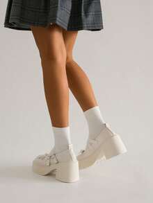 SRSOO Pantofi Mary Jane albi noi, cu toc gros și gros, cu vârf rotund și talpă groasă, stil retro francez, casual, pentru femei, de vară - alb - Vizualizare 6