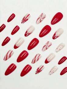 24PCS Almond Ribbon Red And White Love Little Rabbit Christmas Fake Nail Press On Nail