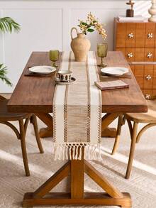 1 pieza Camino de mesa estilo macramé en color caqui con borlas, diseño rectangular de mezcla de poliéster rojo para decoración del hogar y restaurante, centro de mesa para cocina y comedor, accesorio decorativo para comedor, artículo de decoración rústica, tejido intrincado, tela duradera, para decoración navideña - Caqui - Ver 2