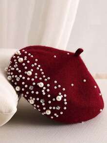 1pc Wine Red Beret Hat Y2k Style Faux Pearl Rhinestone Decor Outdoor Winter Warm Cold-Proof Beanie Suitable For Daily Commute - 酒紅色 - 查看 1