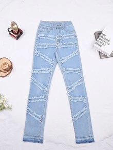 Y2K 90年代街头风做旧牛仔裤，斜插口袋，高弹面料，毛边设计，独特的流苏拼接工艺，嘻哈风格 - 藍色 - 查看 7