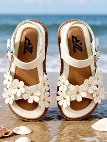 Girls Adjustable Sandals Kids Flats Summer Open Toe 3D Daisy Flower Cross Straps With Gold Center Button And Hook And Loop For 3-12 Years Old - Beige - View 14