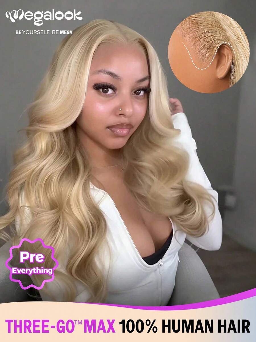 MEGALOOK 升级版 13x6 三合一™ 蜂蜜金渐变蕾丝前假发，自然波浪卷，100% 真人发丝 - 透明蕾丝，预剪预拔，隐形发结，易于佩戴，新手友好型无胶假发，6x5/13x4/13x6 蕾丝尺寸可选 - 无需胶水，新手友好，经久耐用，轻盈舒适，适合全天佩戴 - S12/613 - 查看 1