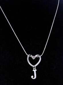1 pieza Collar con colgante de corazón y 26 letras de estilo minimalista y elegante, joyería de mujer adecuada para uso diario, regalo perfecto para seres queridos - Plateado - Ver 15