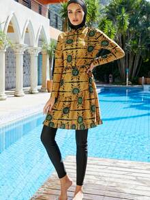 Stylish Women's Round Neck Burkini Swimwear Featuring Zipper And High Waist Bottom, Crafted From High Stretch Fabric With Unique Pattern - Yellow - View 5