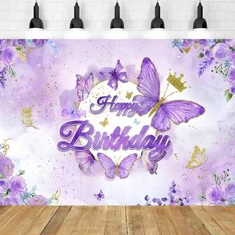 1件装仙女公主紫色蝴蝶皇冠生日背景横幅 - 庆祝活动和派对、婴儿派对摄影背景、涤纶横幅装饰、家居装饰、房间装饰、墙面装饰、派对背景装饰、派对装饰/用品/礼物