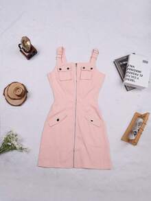 Y2K 学院风吊带工装连衣裙派对拉链可调节肩带多口袋前扣细节日常休闲夏季度假女装 - 粉色 - 查看 7