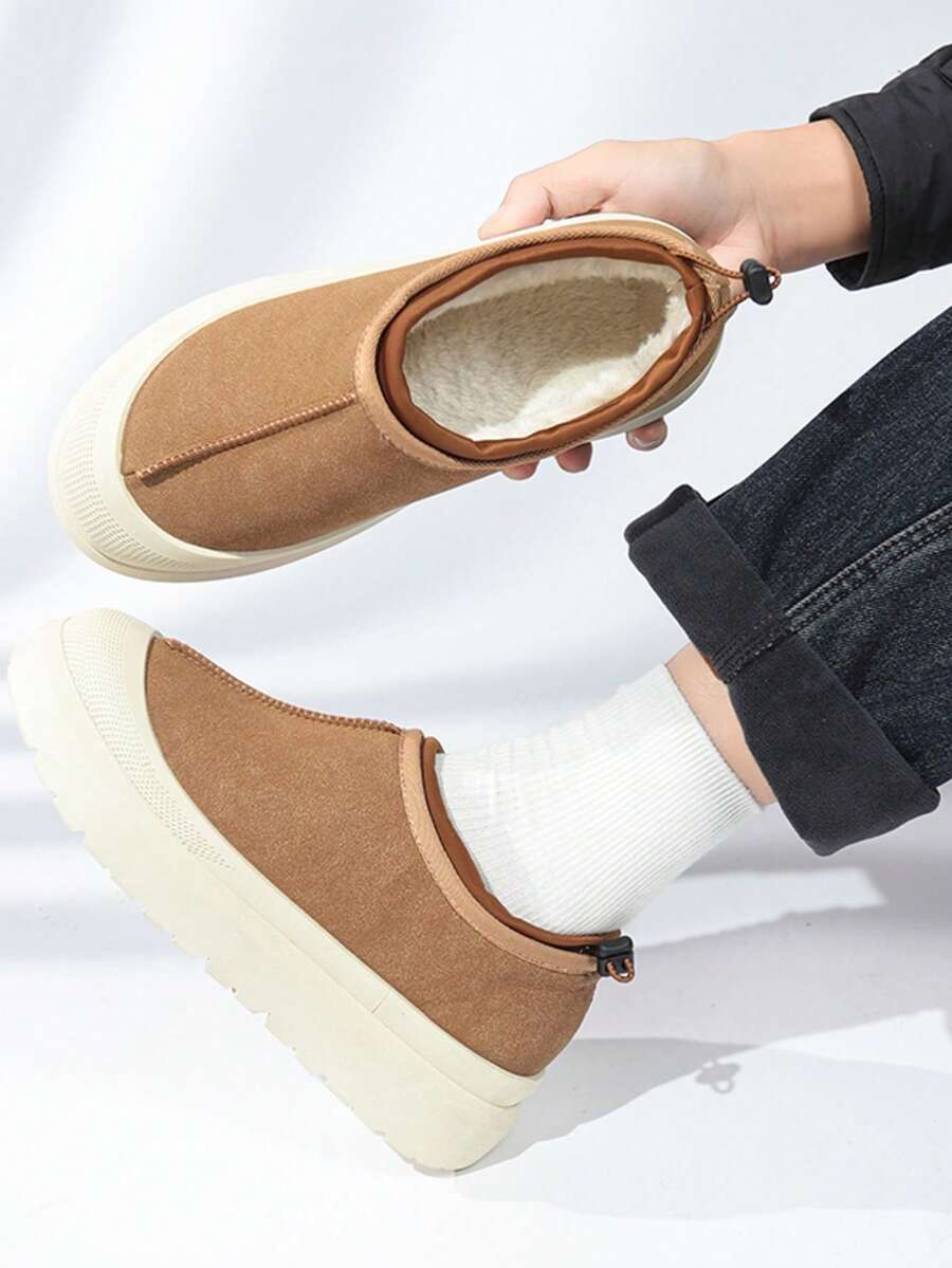 2025 Autumn/Winter Unisex Deer Leather Drawstring Waterproof Thick Sole Snow Boots, Slip-On Casual Shoes - Camel - View 1