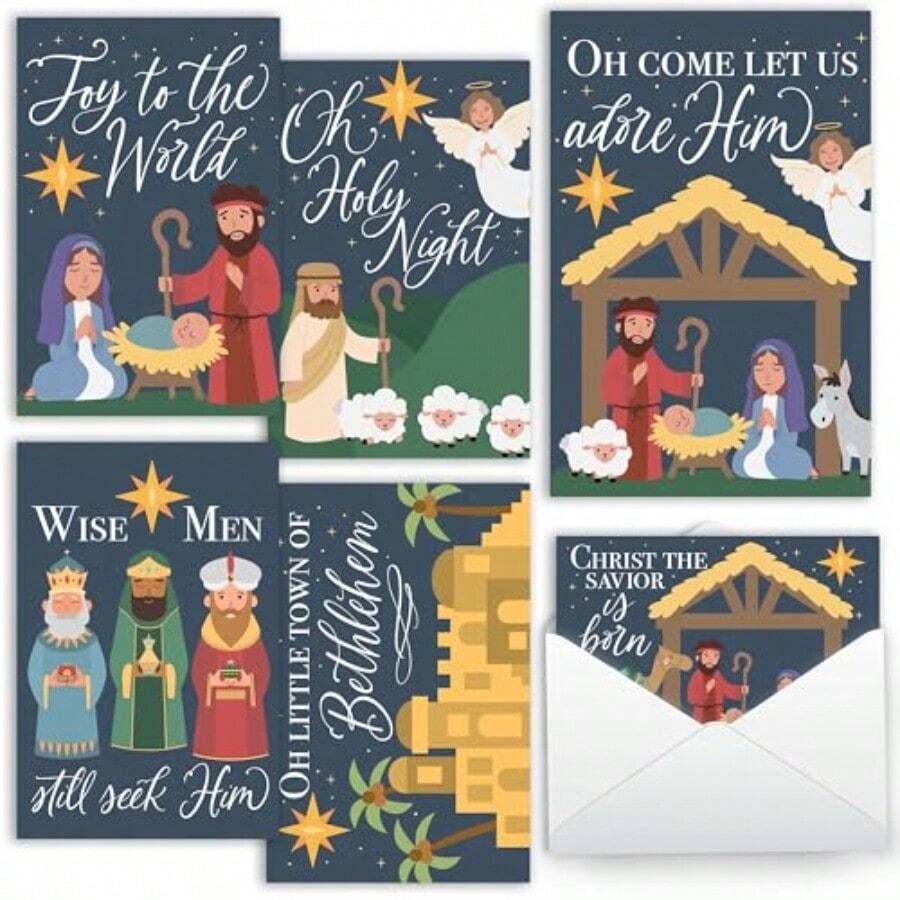 QY- Hadley Designs Christian Christmas Cards With Envelopes Religious - 54 Blank Religious Christmas Cards Nativity With Jesus Assorted Catholic Faith Bible Verse Merry Xmas Card Bulk Designed In USA -0085 - 如圖 - 查看 1