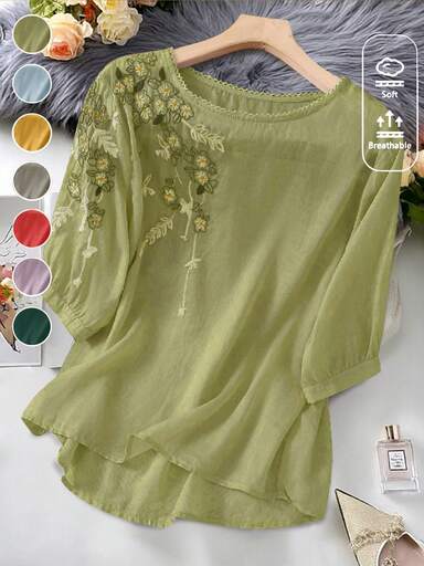 Women's Spring Summer Autumn Vintage Elegant Casual Minimalist Boho Embroidered Blouse, Thin Semi-Sheer Round Neck Embroidered Shirt, Versatile Blouse Top For Commuting, Holidays, Vacations And Daily Outings