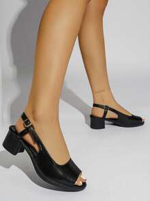 Women's Solid Black & White Mid-Heel Chunky Heel Commute Elegant Peep Toe Buckle Strap Sandals, Versatile For Party