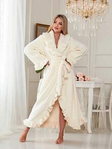 1pc Women's Ultra Soft Ruffle Ankle-Length Fleece Robe Thickened Ruffle Trim Fashion Sleepwear Robes With Side Pockets, Soft Warm Long Bathrobe, Plush Spa Robes Lounge Robe House Coats Sleepwear With Pockets - Multicolor - View 9