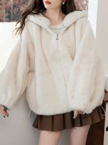 Thickened Short Hooded Faux Mink Fur Fabric - White - View 4