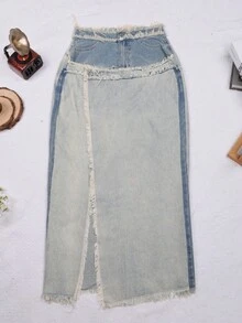 Y2K Vintage Washed Frayed Hem Asymmetric Hem Denim Skirt, Sexy Music Festival