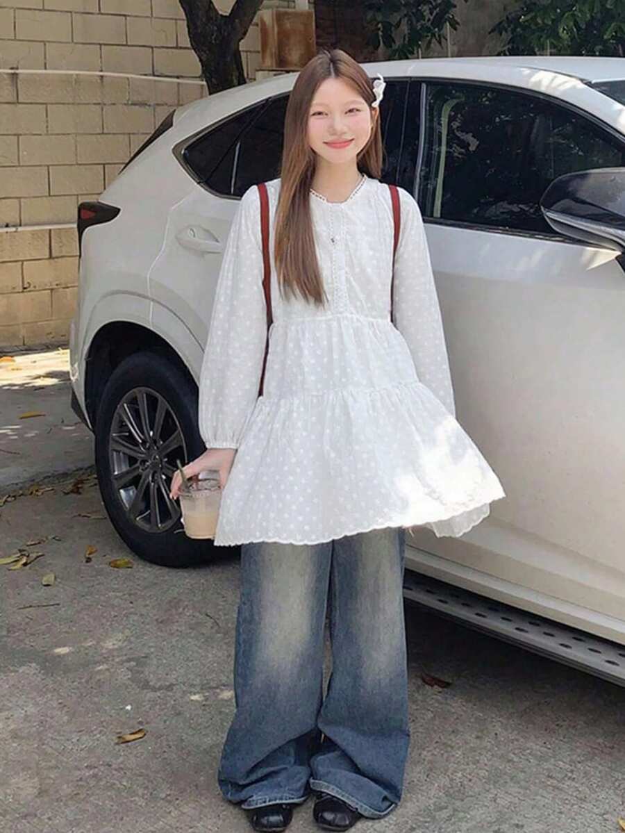 宽松白色长袖休闲衬衫 - 白色 - 查看 1