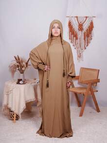 Women's Hooded Prayer Dress Long Sleeve Regular Sleeve Long Length Tassel Detail Woven Fabric Non-Stretch - Camel - View 3
