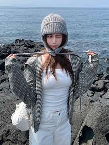 Korean Style Casual Polka Dot Sweatshirt Jacket Tops, Autumn/Winter - Grey - View 3