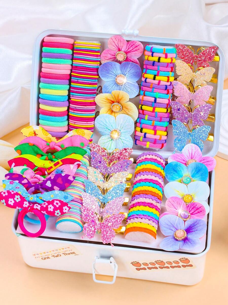 191件/套可爱多巴胺发饰套装,包含蝴蝶结、花朵、印花蝴蝶结和其他可爱元素 - 适合女孩和女士,满足日常、派对和其他场合的造型需求,发型套装,头部饰品 - 彩色 - 查看 1